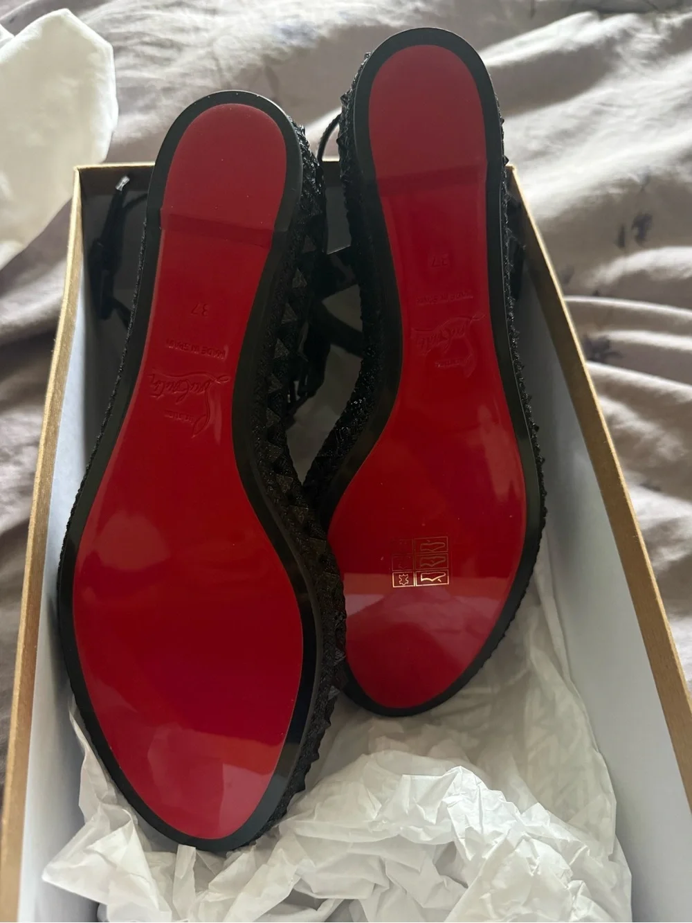 Christian Louboutin Black Patent Platform Studded Sandals pyraclou NEW